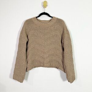 POL Tan Brown Chenille Knit Crewneck Embossed Chevron Drop Shoulder Sweater